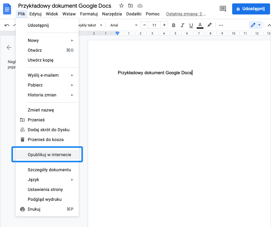 opublikuj dokument google drive